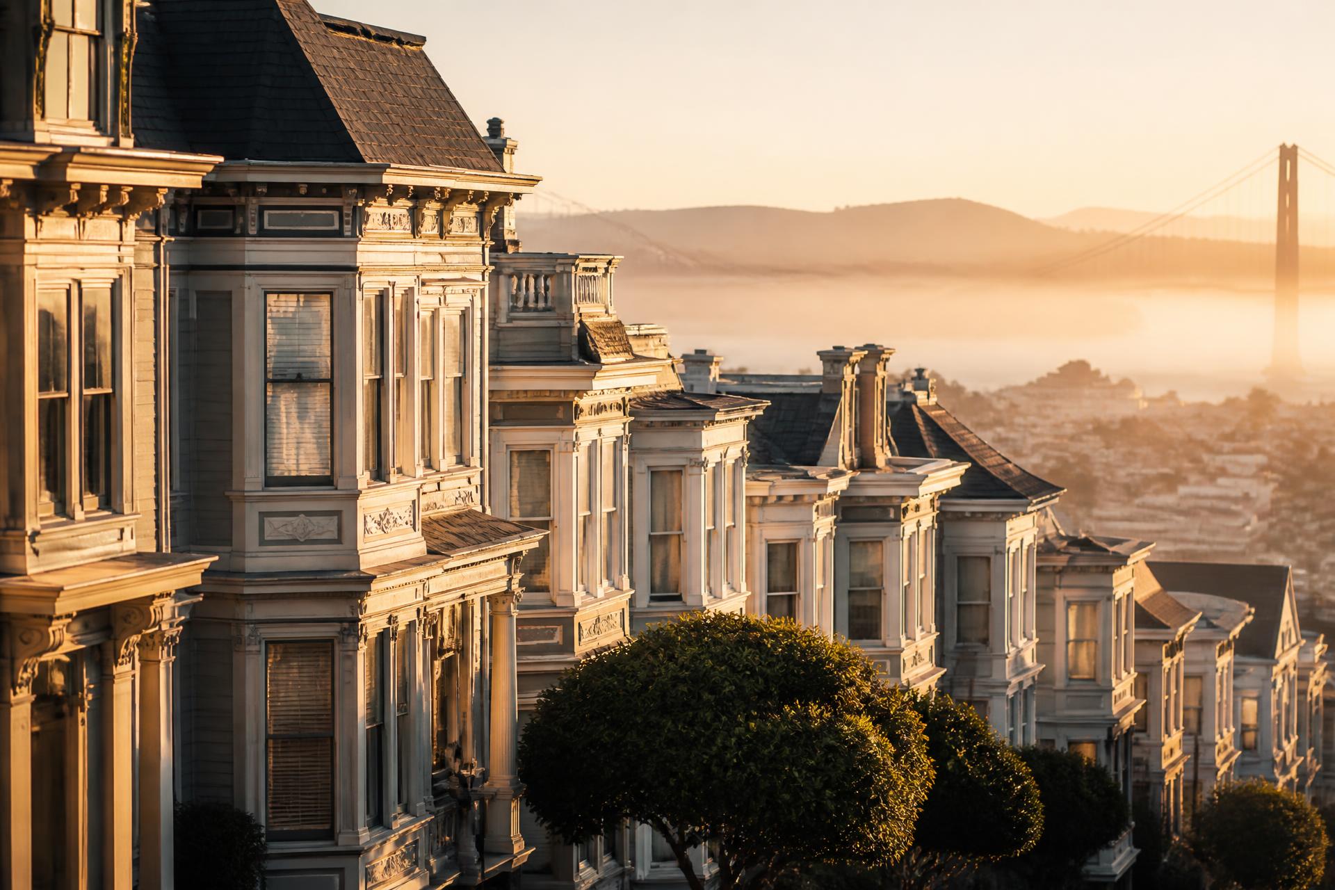 San Francisco Victorian homes at golden hour with the Golden Gate Bridge in the distance
